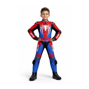 High-quality Custom Kids Spiderman Motorcycle Leather Suit 2026 with protective armor, comfort fit, and eye-catching superhero racing style.